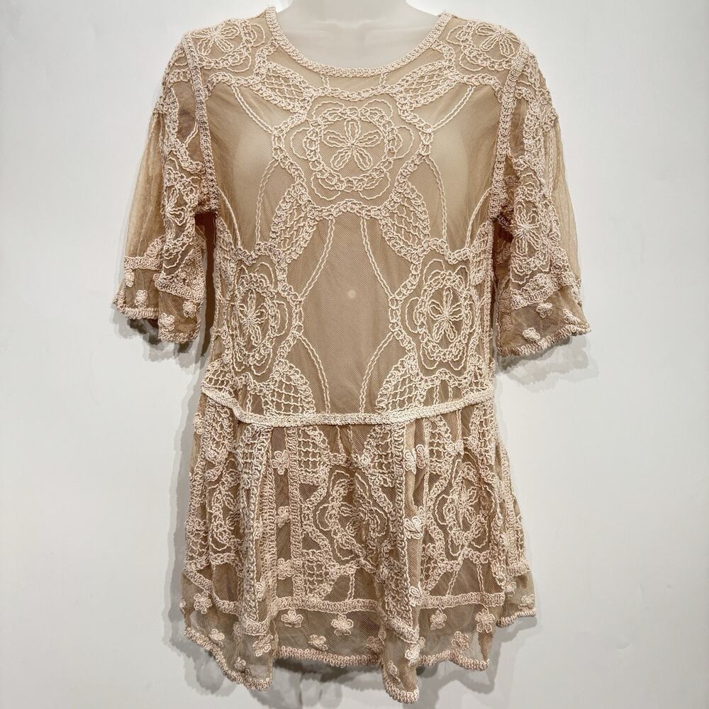 Yaira Embroidered Lace Sheer Top Sz M Nude Brown Romantic Coquette Soft Dainty